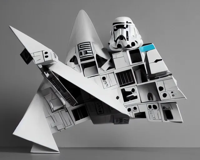 Prompt: photo of minimalist abstract cubist sculpture of curvy spaceship with random small star wars mayan decorations, covered with few large white airplane parts, gigantic size