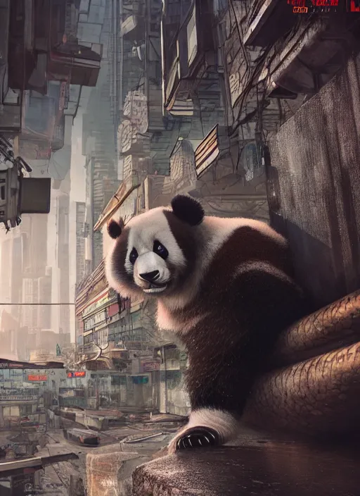 Image similar to hyperrealism, detailed textures, photorealistic 3 d cyberpunk panda in apocalyptic city, ultra realistic, cinematic, intricate, cinematic light, unreal engine 8 k, octane render, unreal engine