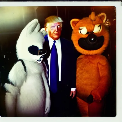 Prompt: polaroid photograph of donald trump at a furry convention, posing with a fursuit