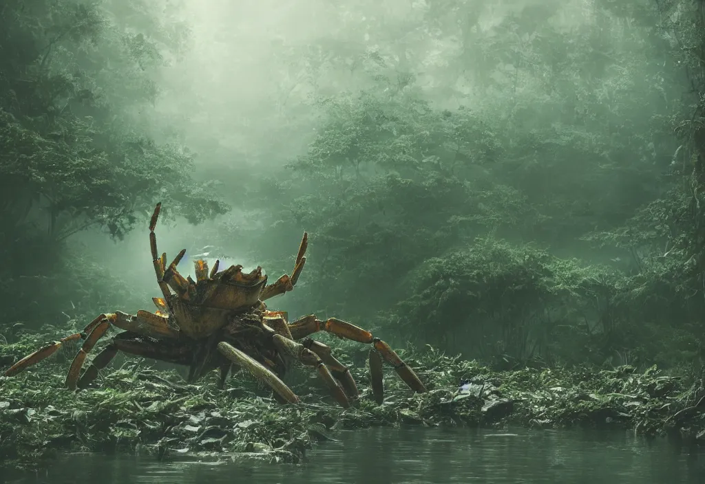 Image similar to an giant crab king emerging from the waters, in a jungle, ominous light from above, ambient light, fog, river, very poetic