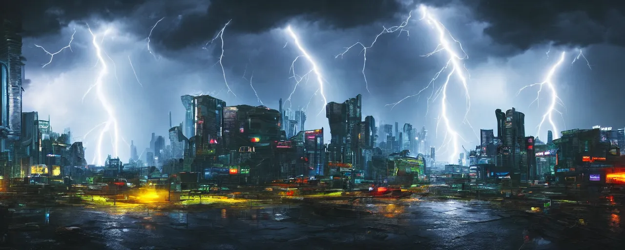 Image similar to cyberpunk landscape, vivid, volumetric lighting, lightning, thunder, storm, portal, puddles, mystical