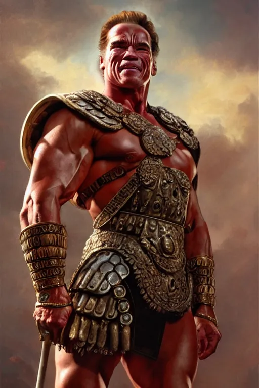 Prompt: old arnold schwarzenegger as a roman gladiator, fantasy, intricate, artstation, full body, concept art, smooth, sharp focus by huang guangjian and gil elvgren and sachin teng, 8 k