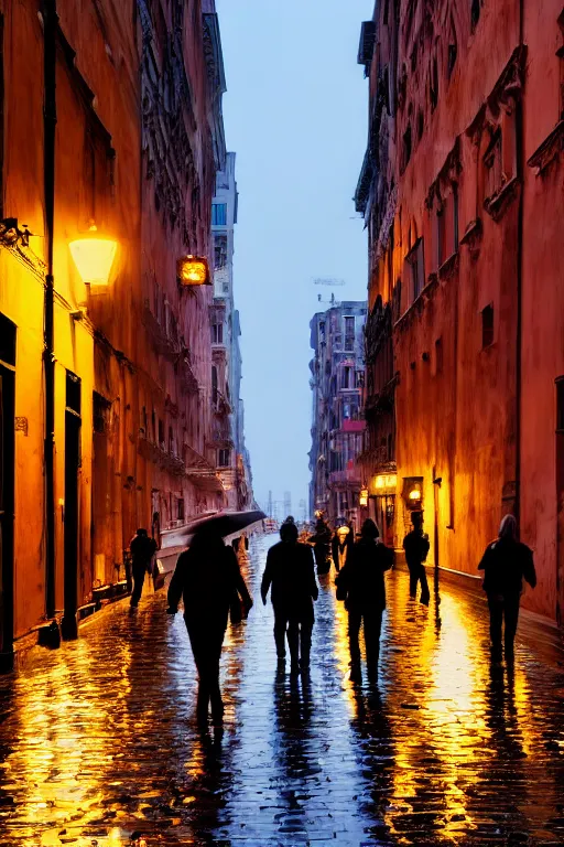 Image similar to crowd of people walking on rainy street at dusk golden hour , hyper-realistic environment, new york , venice