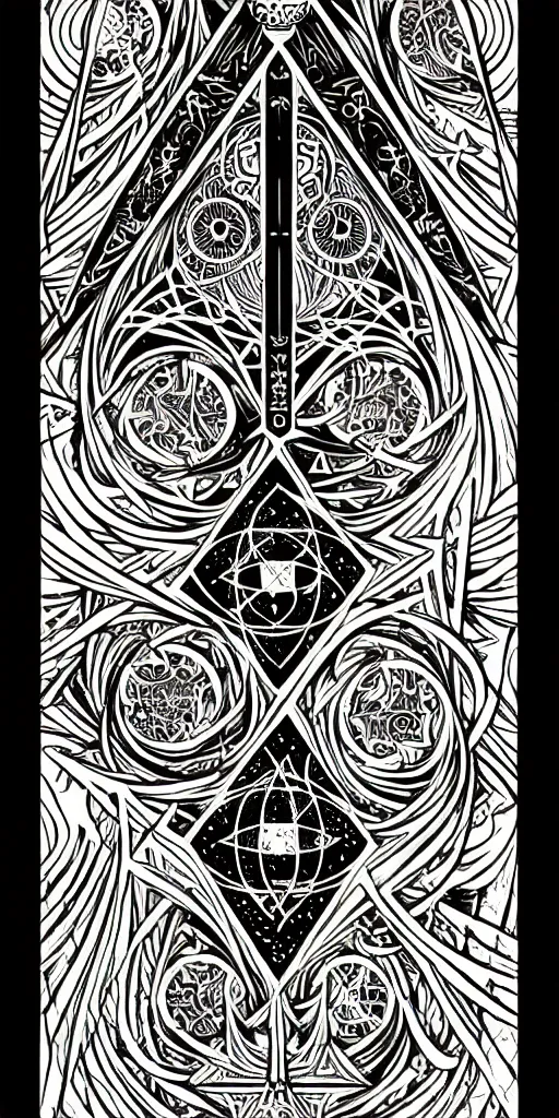 Prompt: a beautiful black and white fractal tarot card featuring bold occult imagery with clean lines. pyramids, eyeballs, lovecraft, eldritch. detailed adult coloring book