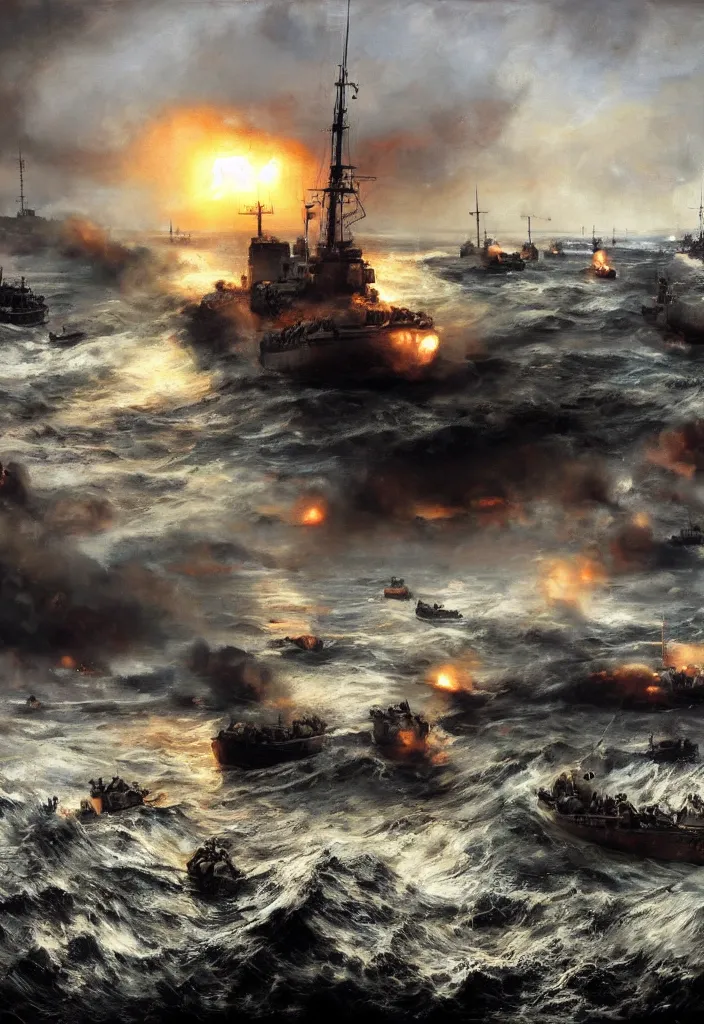 Prompt: high quality oil painting of The World War II D-Day invasion of Normandy, year 1944, by Rembrandt and Raymond Swanland, dark background, perfect lighting, 4k, 8k, HD