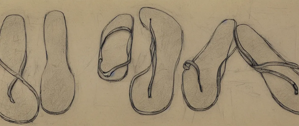 Prompt: detailed blueprint sketches of flip flops, by leonardo davinci, on yellow paper, worn, pencil, sketch