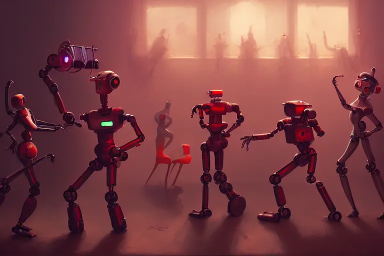 Image similar to robots dancing by otto dix and greg rutkowski and andreas rocha, cinematic lighting, warm colours, ultra realistic, unreal engine, trending on artstation, 4 k