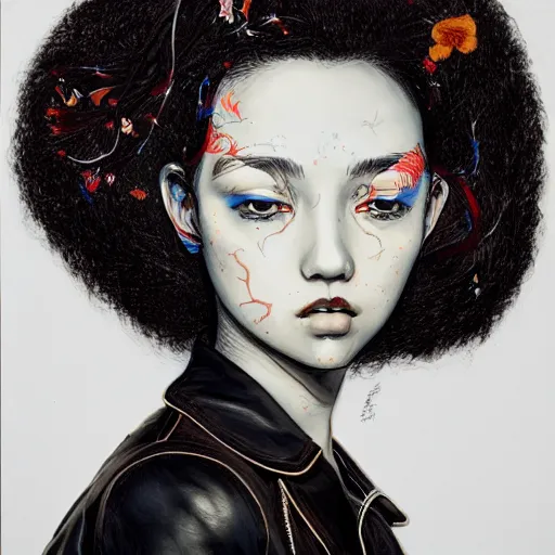 Image similar to james jean artwork of a beautiful girl with an afro and a leather jacket