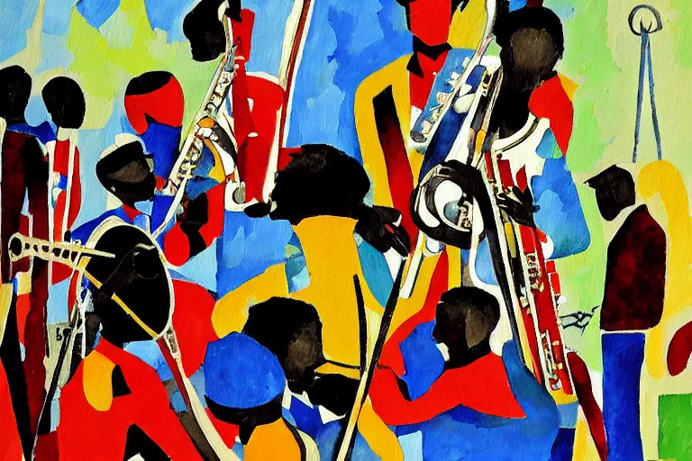 Prompt: a painting of a group of men playing instruments, a jazz band in new orleans, an ultrafine detailed painting by romare bearden, behance, black arts movement, artwork, fauvism, academic art