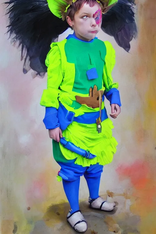 Image similar to a child character wearing a diy! costume, with fluo colored details, muted colors, vivienne westwood, nausicaa, hyper real painting