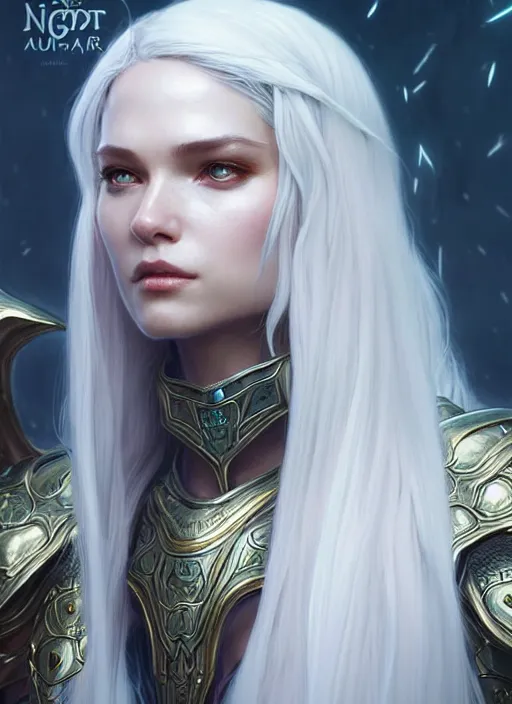 Image similar to light opal armor!!! long wild white hair!! covered chest!!! fantasy, d & d, intricate ornate details, symmetry, concept art, sharp focus, illustration, art by artgerm! greg rutkowski magali villeneuve wlop! ilya kuvshinov!!, octane render, unreal engine 5, highly rendered!!