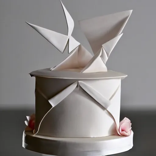 Image similar to minimalist wedding origami concept cake photorealistic in kitchen by amaury guichon