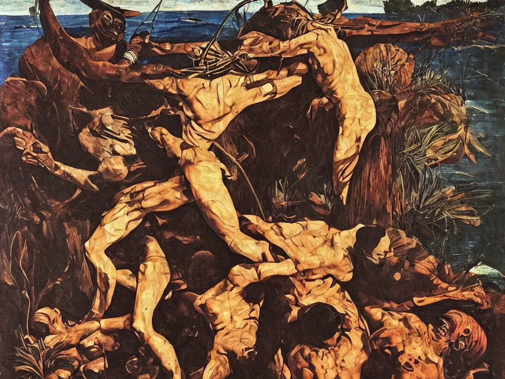 Prompt: Men fighting in the muck, African painted god, mask, sculpture, Henri Moore giant, blue eyed, looking from the water conch. Boulders of marbled rocks, spiked, wings. Painting by Caravaggio, Rene Magritte, Moebius, Jean Delville, Max Ernst, Maria Sybilla Merian