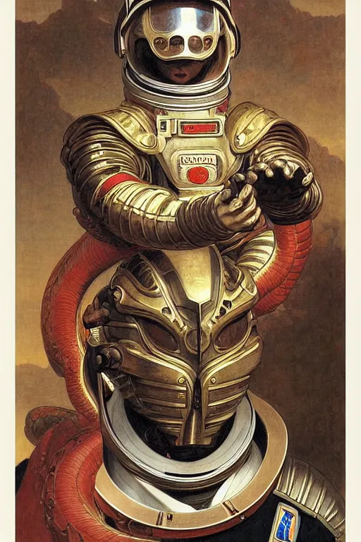 Image similar to portrait of a astronaut is a chinese dragon in armor and helmet, majestic, solemn, symmetrical, detailed intricate, hyper realistic, by bouguereau