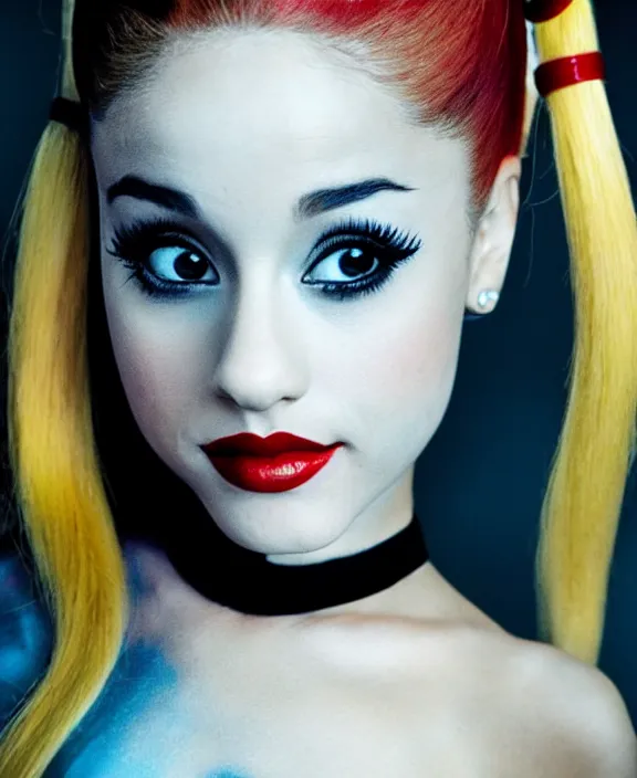 Image similar to ariana grande modeling as harley quinn, professional photograph