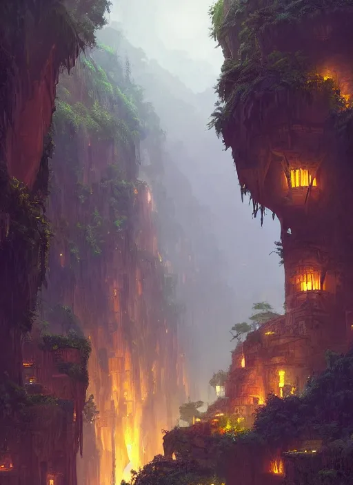 Prompt: medieval city built on terraces in a gigantic canyon, lots of buildings connected by hanging bridges, waterfalls, warm glow coming from the ground, lush vegetation, pitchblack sky, extremly detailed digital painting, in the style andreas rocha and greg rutkowski, 8 k, stunning scene, octane, trending on artstation