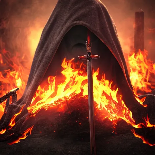 Prompt: a black hooded faceless monster in hells graveyard, holding a scythe, reaper, amazing fire art, ray tracing, realistic fire sharp focus, long shot, 8 k resolution, cinematic