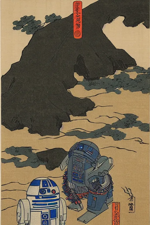 Image similar to Japanese woodblock print of r2d2, hokusai