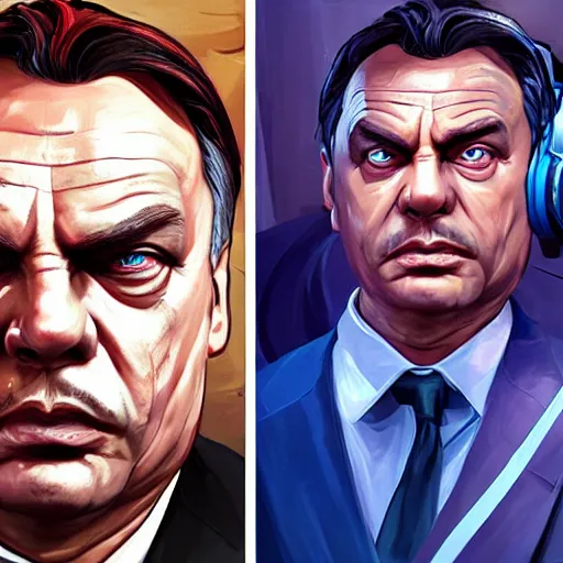 Prompt: Viktor Orban as a character in the game GTA VI, with a background based on the game League of Legends, detailed face, PAINTING BY android jones