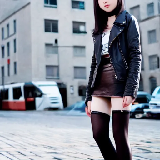 Prompt: an epic cinematic 8K HD movie shot of a japanese young J-Pop idol girl wearing leather jacket, miniskirt, nylon tights and high heels boots. Inspirational arthouse