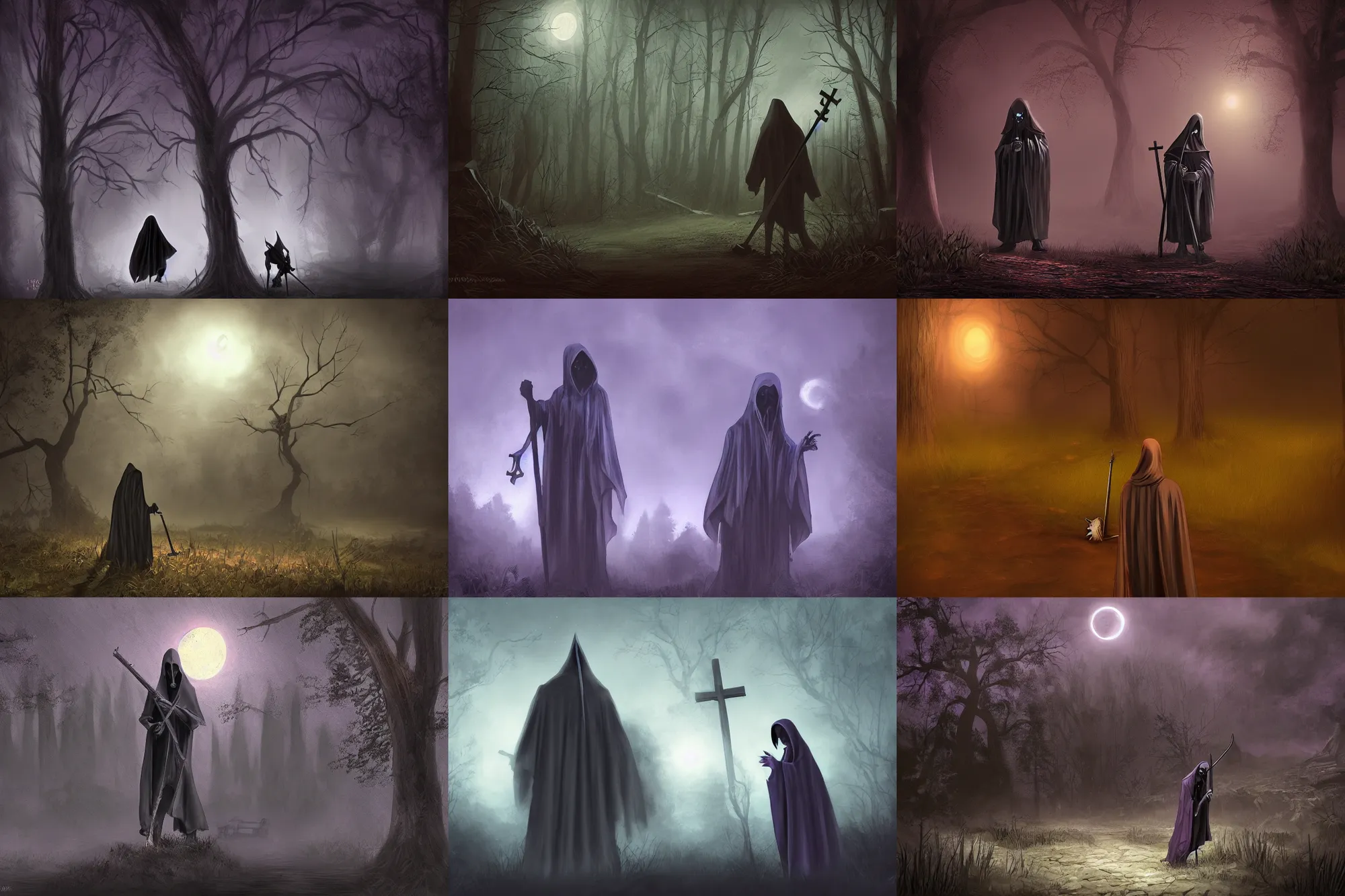 Prompt: grim reaper outside a church in the woods at night, ultra realistic, wide shot, digital art, fantasy, concept art, highly detailed, dark colors, purple tint