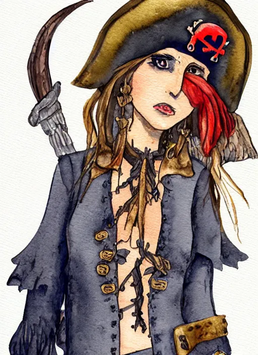 Prompt: watercolor of a woman wearing a pirate costume, featured on deviantart