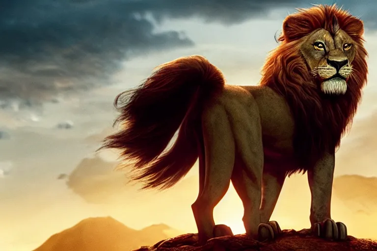 Prompt: scar ( from the lion king ), heavily armed and armored facing down armageddon in a dark and gritty reboot from the makers of mad max : fury road : witness me