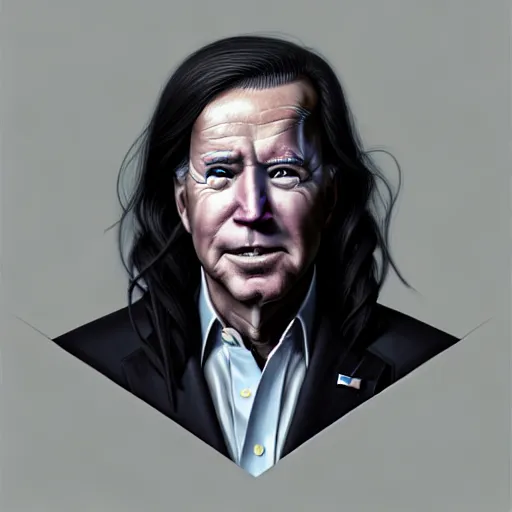 Prompt: portrait painting of joe biden with shoulder length flowing black hair pale skin and beautiful dark brown eyes, ultra realistic, concept art, intricate details, eerie, highly detailed, photorealistic, octane render, 8 k, unreal engine. art by artgerm and greg rutkowski and magali villeneuve