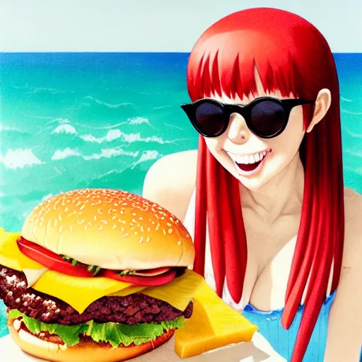 Prompt: Extremely Detailed and Full Portrait scene of Gooey Ocean scene in ink and refined sand, Red Hair pigtail anime woman with shades on face. wearing a sundress full body smiling while eating a cheese burger. The cheeseburger is leaking red sauce all over the place by Akihito Yoshitomi AND Yoji Shinkawa AND Greg Rutkowski, Mark Arian trending on artstation