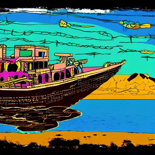 Prompt: an abandoned ship on the aral sea desert, in the style of daniel johnston and outsider art, 8 k, line brush, graduated colors, overlaid with cyrillic adverts