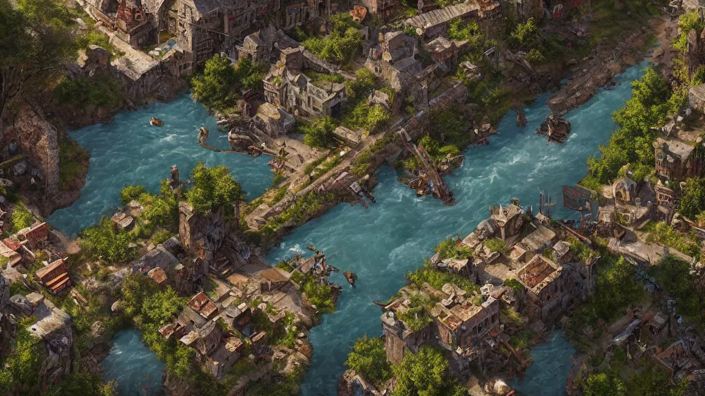 Image similar to a Photorealistic hyperrealistic render of a birdseye view looking down at a shadycreek run, a medieval town, dungeons and dragons, by Greg Rutkowski,Vitaly Bugarov,Stephan Martiniere,Nicolas Bouvier SPARTH,James Paick,dramatic moody sunset lighting,long shadows,Volumetric, cinematic atmosphere, Octane Render,Artstation,8k