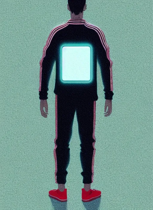 Image similar to portrait of slav heroine wearing an addidas tracksuit with a phone in hand. illuminated phone screen, by greg rutkowski and wlop, detailed, cinematic, 8 k, intricate, rule of thirds.