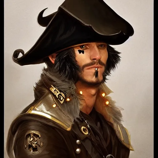 Image similar to portrait, male humanoid cat, eye patch on one eye, black fur, pirate, doctor, pirate clothes, d & d, fantasy, intricate, elegant, highly detailed, digital painting, artstation, concept art, matte, sharp focus, illustration, art by artgerm and greg rutkowski and alphonse mucha