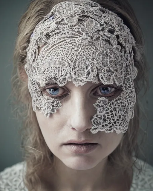 Image similar to close up of a woman's face, made of intricate decorative lace leaf skeleton, in the style of the dutch masters and gregory crewdson, dark and moody