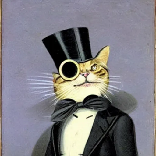 Image similar to a cat wearing a tuxedo a top hat and a monocle, renaissance painting, portrait, highly detailed