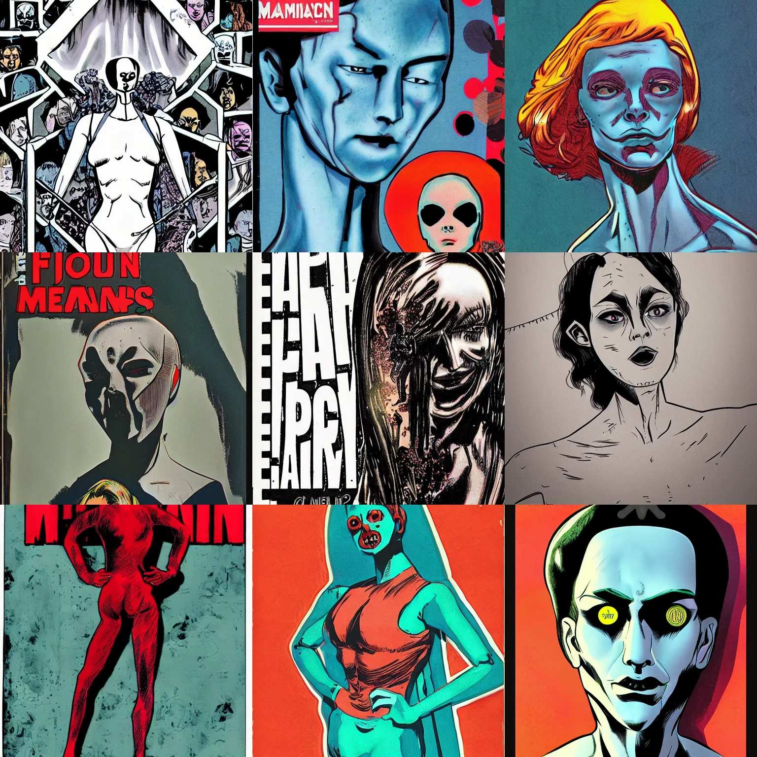 Prompt: creepy mannequin, comic book cover art, four color process