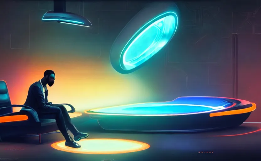 Image similar to handsome black genius hacking the metaverse, holographic keyboard and curved digital holographic displays, luxury interior, electric orange glowing lights, highly detailed, digital painting, artstation, concept art, smooth, sharp focus, illustration, art by wlop, mars ravelo and greg rutkowski