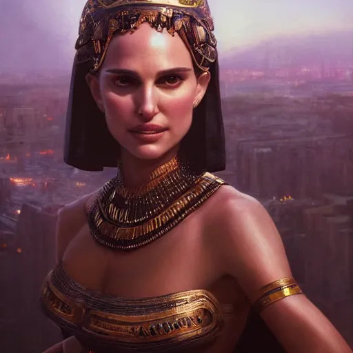 Prompt: closeup portrait of natalie portman as cleopatra, city background, dramatic light, gorgeous view, depth, high detail, digital art, painted by greg rutkowski and seb mckinnon, trending on artstation