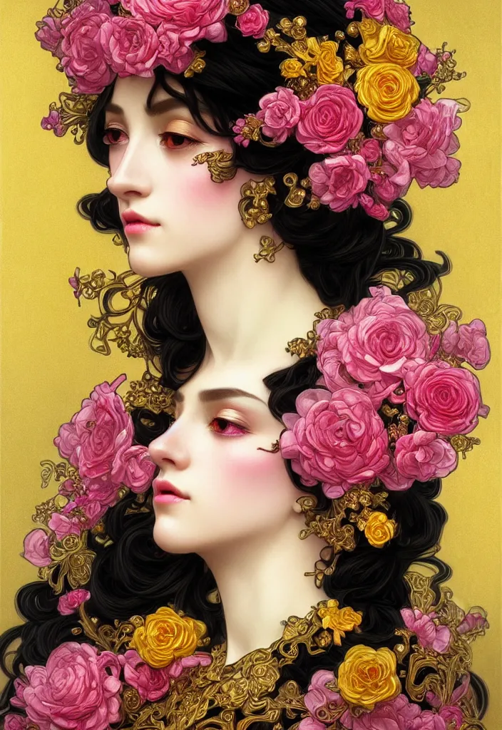 Image similar to beautiful black pink yellow, complicated gold and pink flowers in baroque style headwears, dark fantasy, intricate, elegant, highly detailed, digital painting, artstation, concept art, matte, 3 d 8 k octane rendered, sharp focus, illustration, octane rendered, art by artgerm and alphonse mucha, leesha hannigan