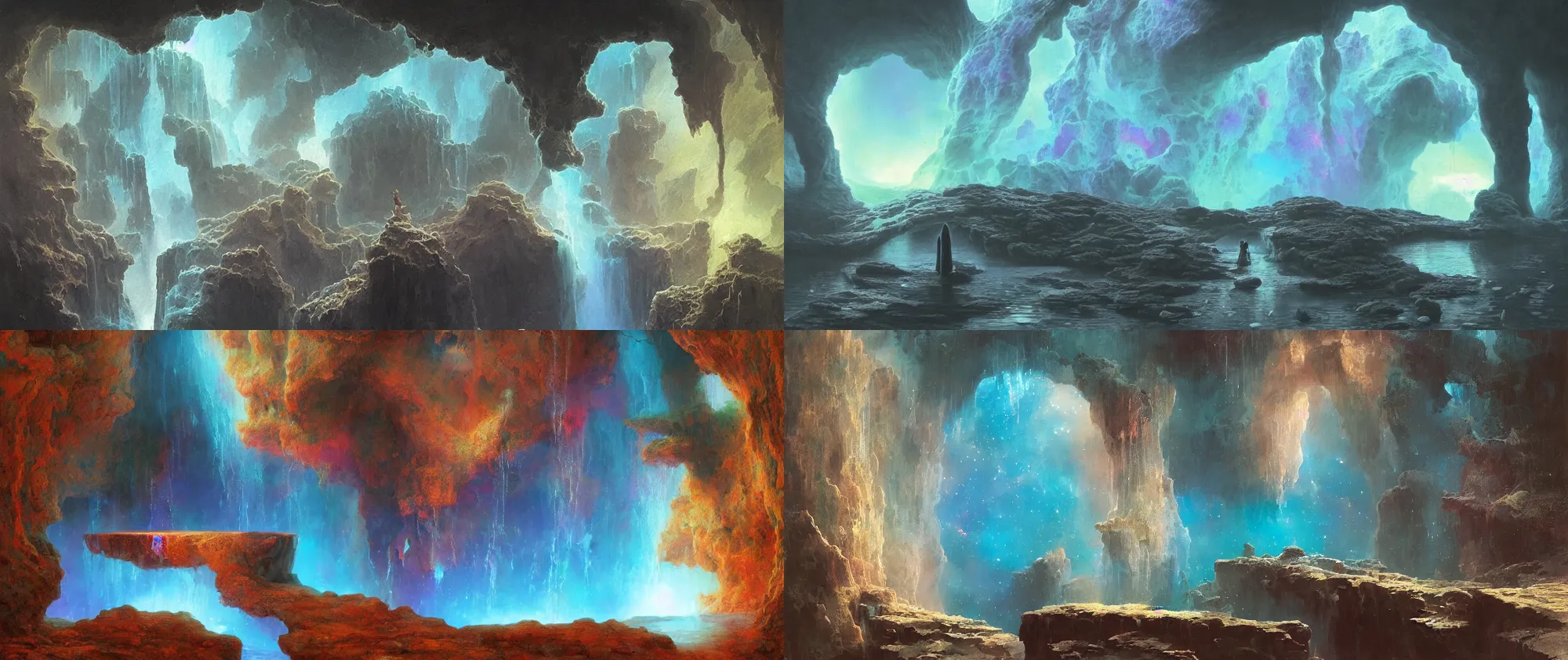 Prompt: closeup of portal to another world, water gate in space, nebula, iridescent shimmering pools, oasis in the desert, floating stones, cascading iridescent waterfalls, dimension of infinite space, by Zdzislaw Beksinski, Tomas Sanchez, greg rutkowski, wlop, artgerm, andrei riabovitchev, nuri iyem, james gurney, james jean, highly detailed, soft lighting, 8k resolution, oil on canvas