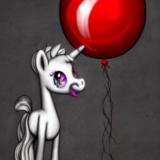 Image similar to surrealism grunge cartoon portrait sketch of my little pony with a wide smile and a red balloon by - michael karcz, loony toons style, my little pony style, horror theme, detailed, elegant, intricate