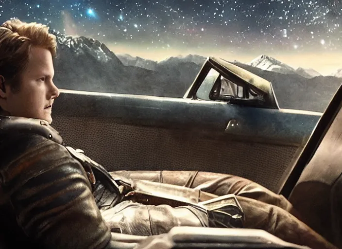 Image similar to a very high resolution image from a new movie, starlord. inside of a car. mountains, falling stars, directed by wes anderson