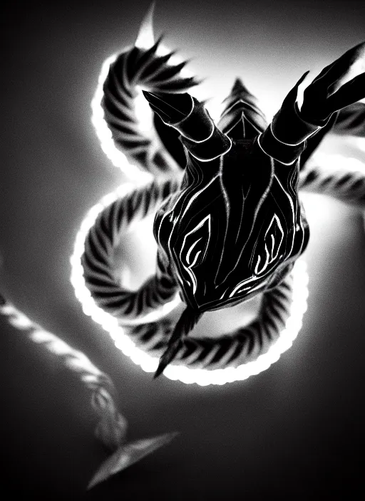 Image similar to a real life gyarados pokemon, diffuse lighting, black and white, intricate, elegant, blurry, hidden camera