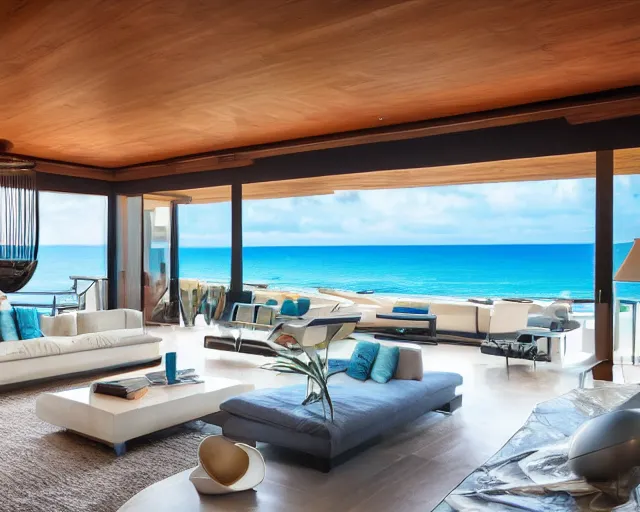 Image similar to A modern living room in a ocean hues style next to a big terrace overlooking the ocean, a luxurious wooden coffee table with large seashells on top in the center, amazing detail, 8k resolution, inspired by the ocean, calm, relaxed style, harmony, wide angle shot