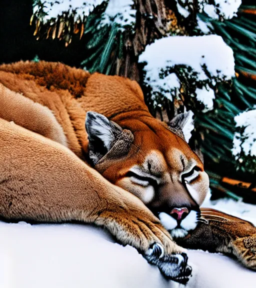 Image similar to torn up postcard of 'a cougar sleeping in the middle of snowy pine tree' laying on coffee table, zoomed out shot, HD, iphone capture