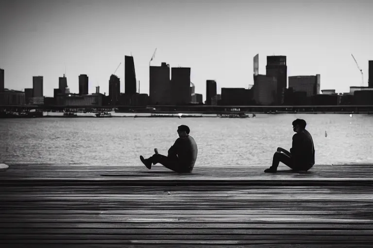 Prompt: A man sitting on a jetty, city in the background, cinematic lighting