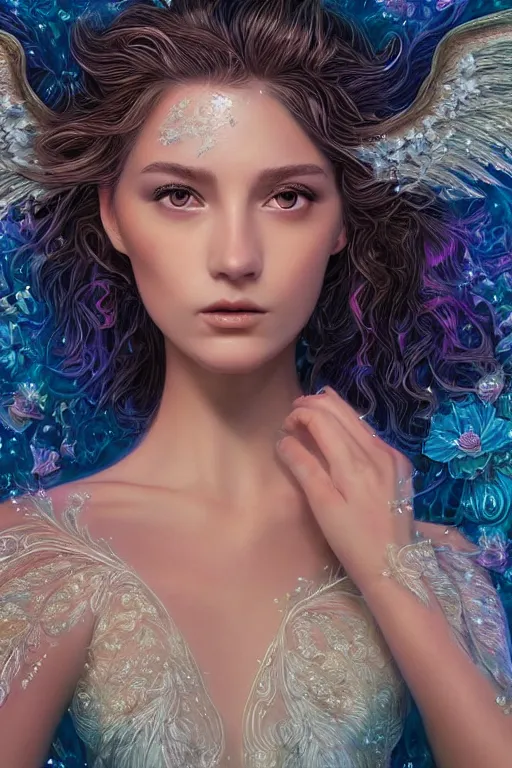 Image similar to beautiful young woman's face, magical, angelic wings, flowers, intricate, synth-wave, retrowave, highly-detailed, elegant, dramatic lighting, gorgeous face, lifelike, photorealistic face, long luxurious intricate gown, digital painting, artstation, illustration, concept art, smooth, sharp focus, art by Craig Russel, Barry Smith, artgerm, and Albert Aublet and Krenz Cushart and Artem Demura and Alphonse Mucha