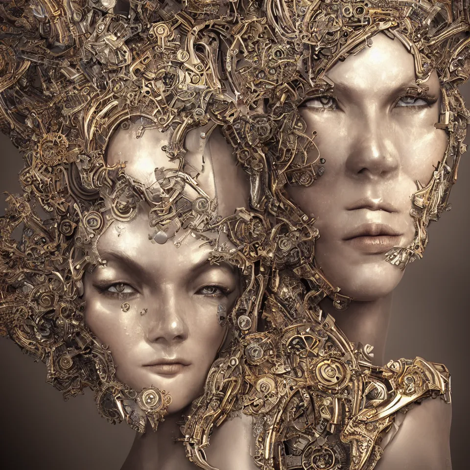 Prompt: beautiful frontal view face portrait of a angelic queen female cyborg, highly detailed, 1 5 0 mm chromatic aberration mandelbrot fractal symmetric, intricate steampunk ornate silver titanium gold, 8 k artistic photogenic, by aurelien fournier art station octane render digital work intricate