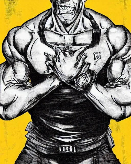 Image similar to Digital color pen drawing of Vin Diesel from JoJo\'s Bizzare Adventure, highly detailed, sharp focus, screentone shading, 1990 manga panel, trending on ArtStation, manga cover art drawn by Hirohiko Araki