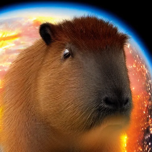 Prompt: photorealistic lifelike photo of a capybara in space next to the sun